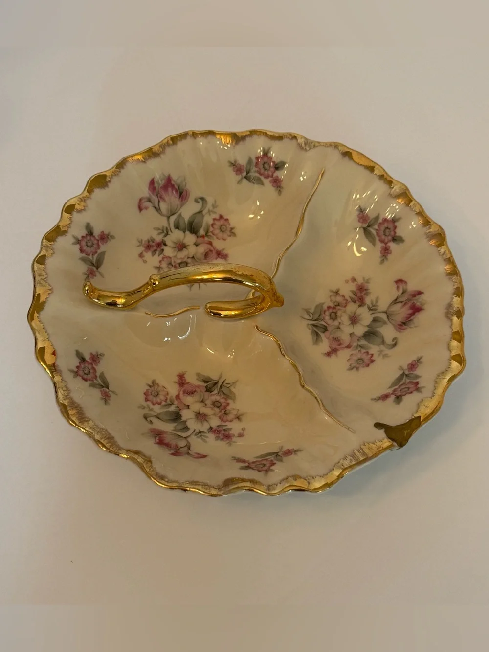 Antique 22k Gold Trim Divided Floral Relish Serving Dish Bowl with Handle